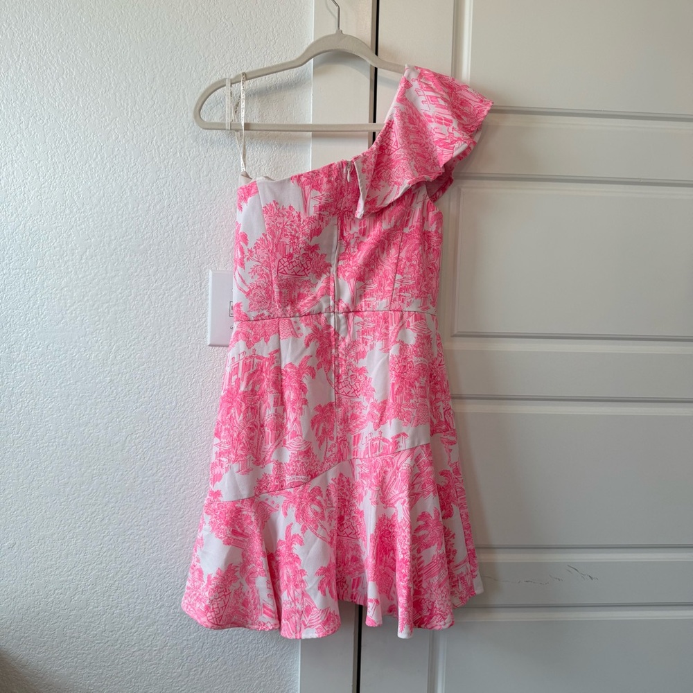 Lilly Pulitzer Pink & White One-Shoulder Ruffle Romper - Picture 5 of 6